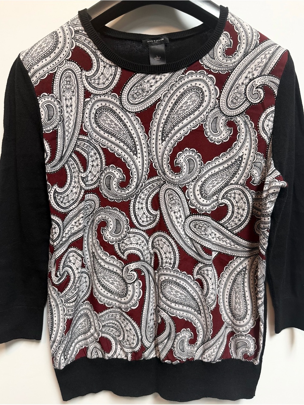 Ann Taylor Maroon and Black Paisley Knit Pullover